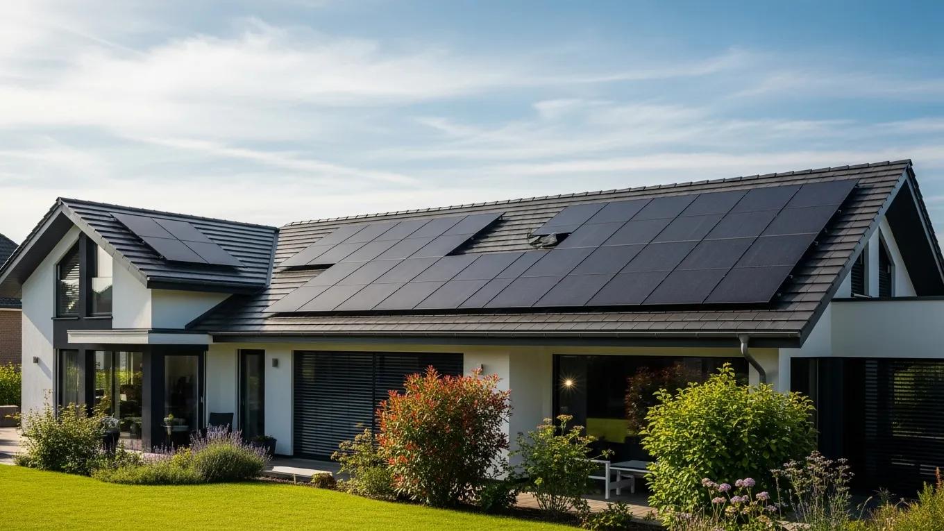 Residential home featuring integrated solar roofing systems under bright sunlight