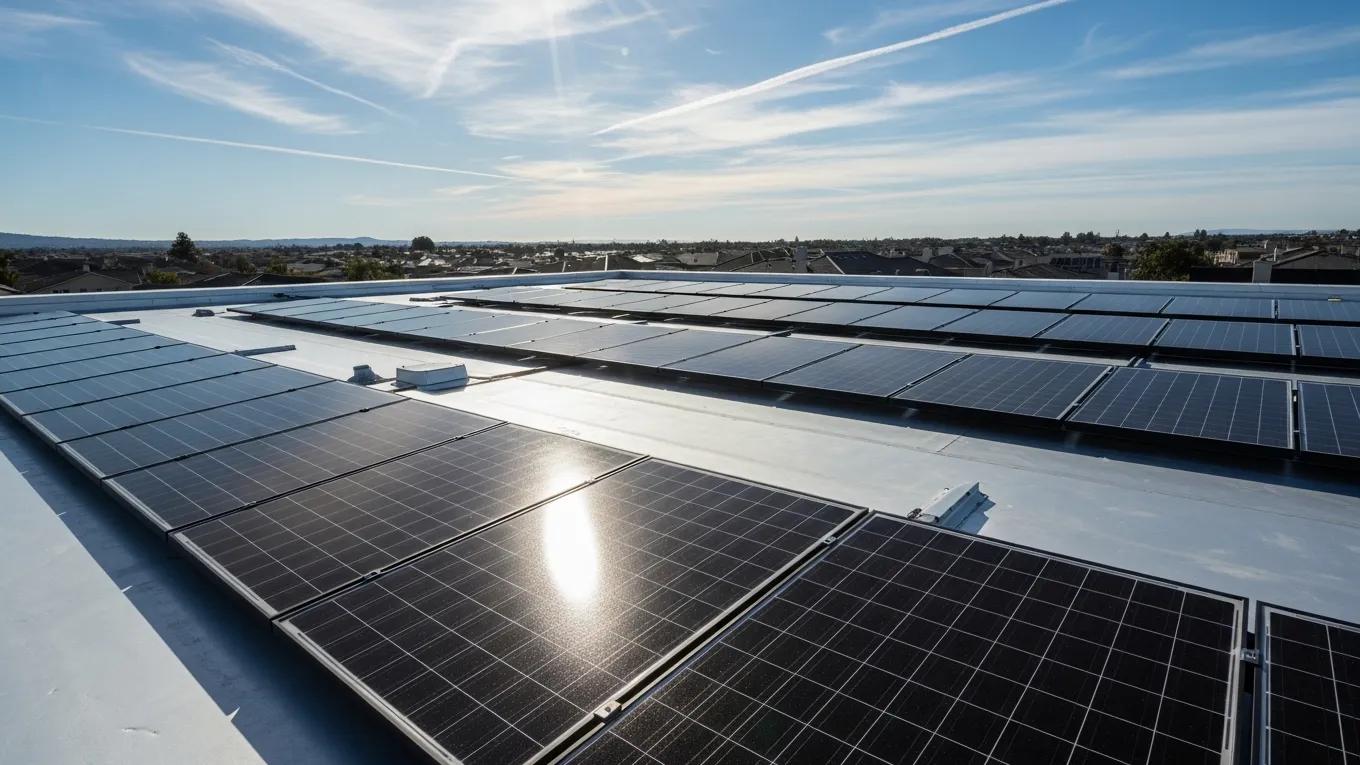 Rooftop with solar panels and energy-efficient roofing under sunlight