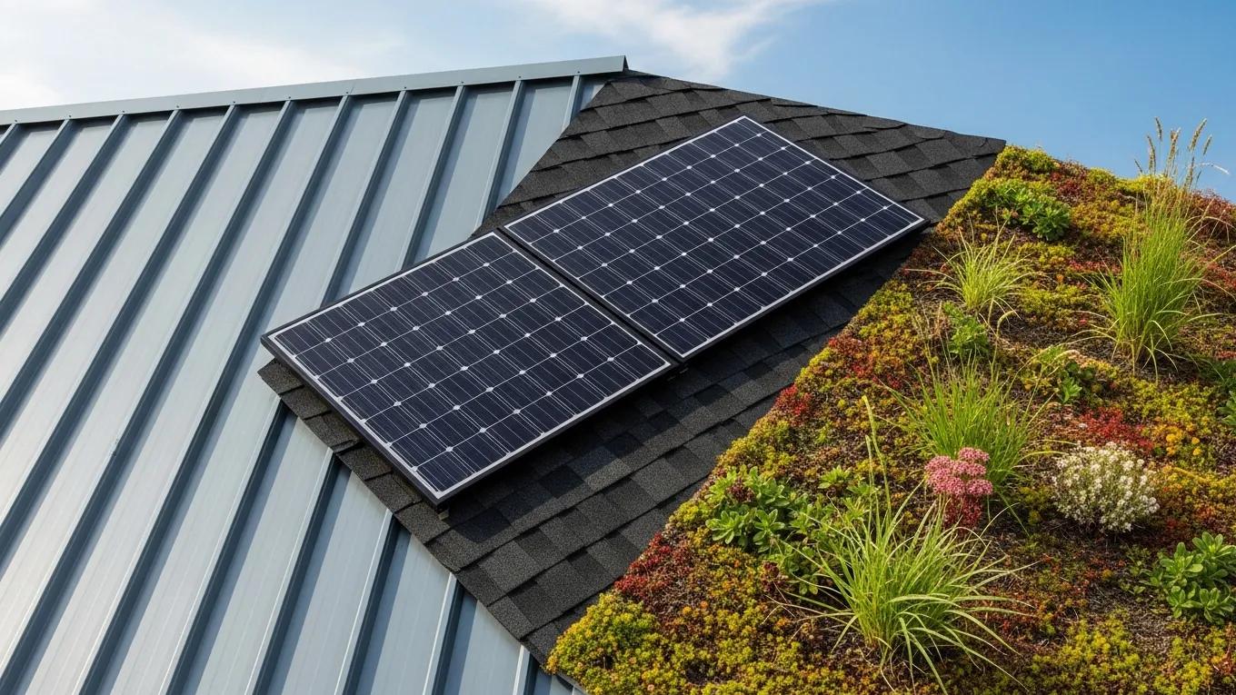 Variety of energy-efficient roofing materials including metal roofing, solar shingles, and green roofs displayed together