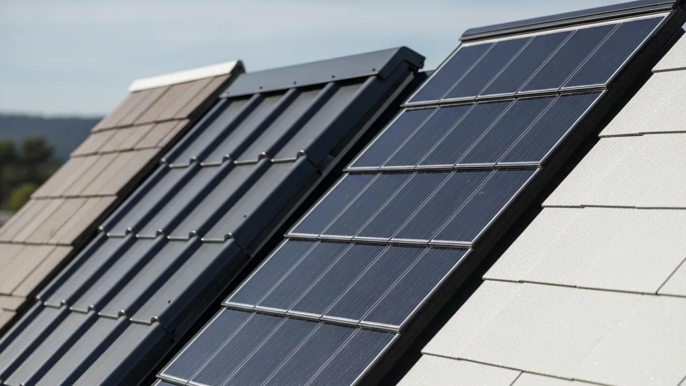 Variety of energy-efficient roofing materials including metal, solar shingles, and cool roofs